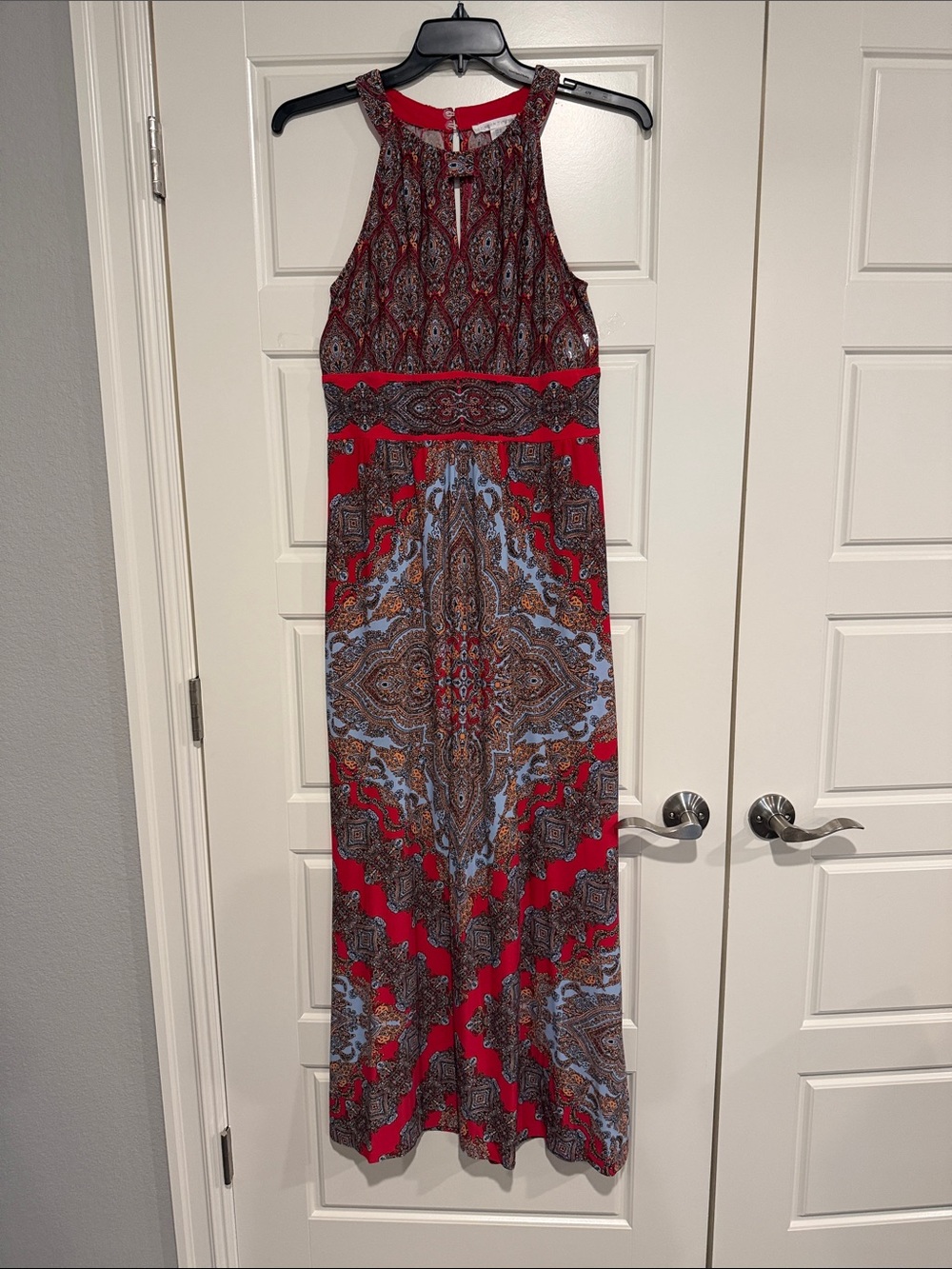 London Times Red Paisley Halter Maxi Dress